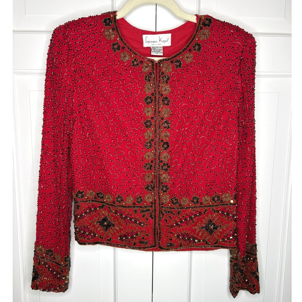 Vintage Laurence Kazar Red‎ Silk Beaded Jacket 90s Evening Statement Top S